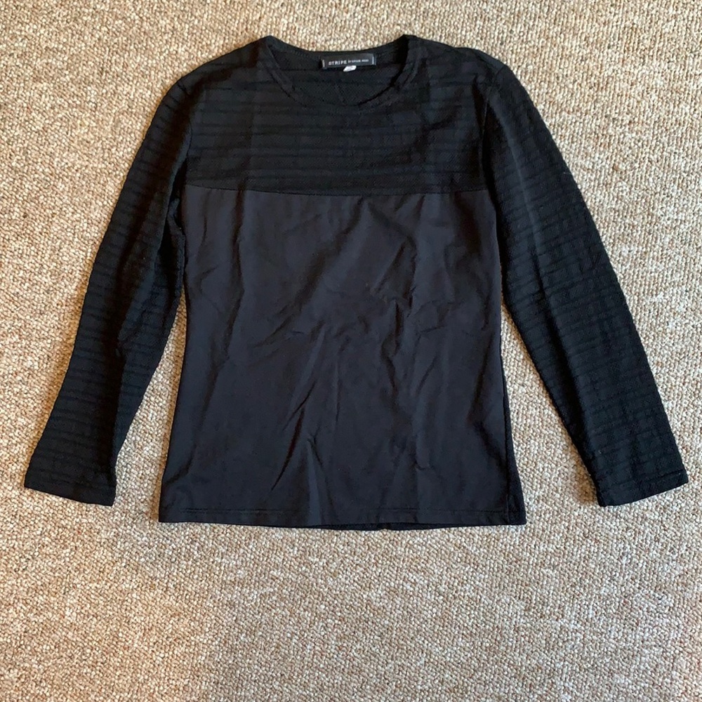 Long sleeve black top with mesh stripped detail